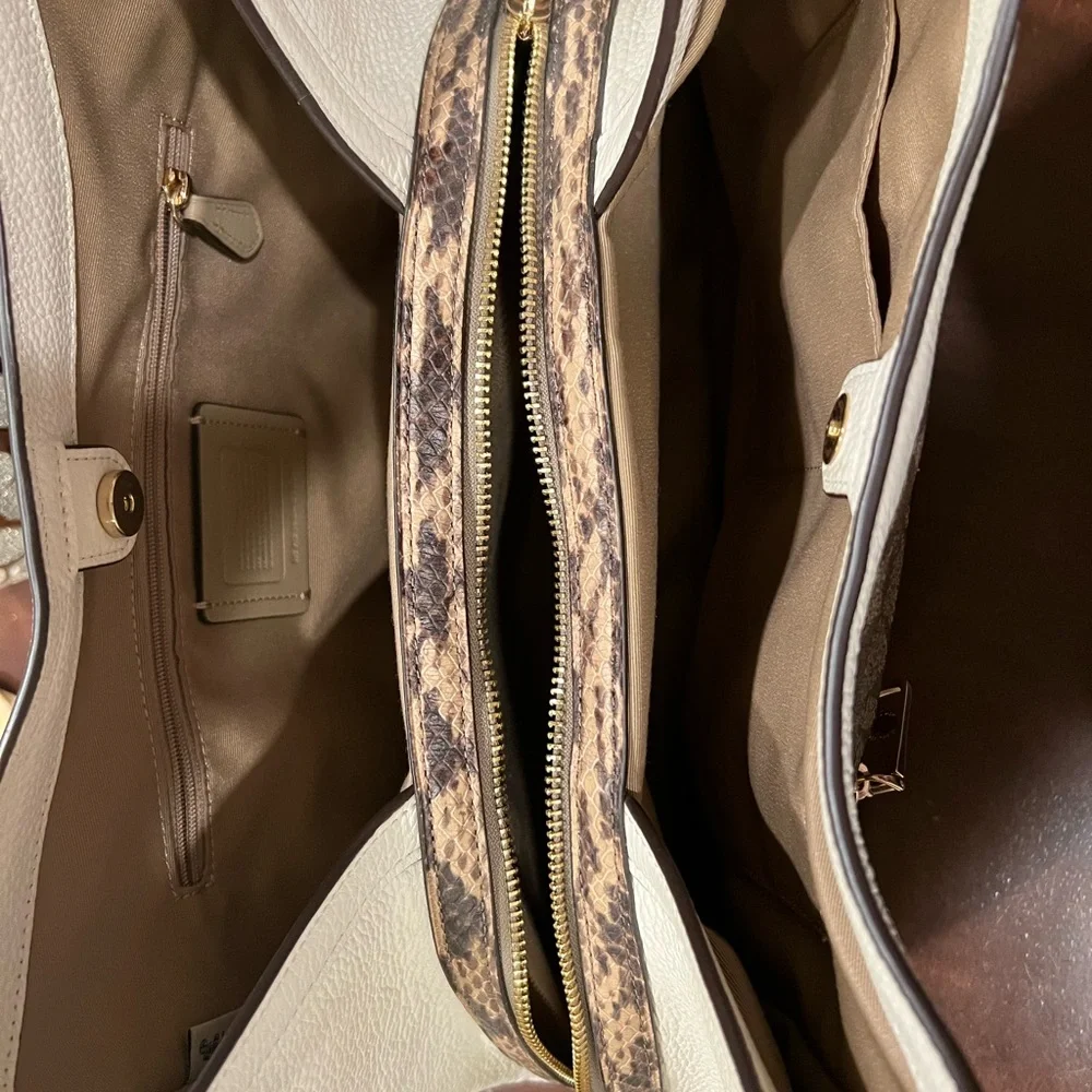Coach Signature Canvas Hobo in Tan and Cream with Leopard Trim